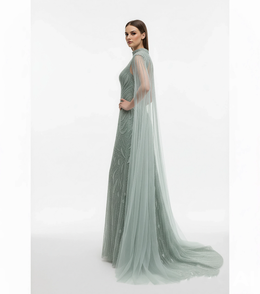 Ethereal Sequin Tulle Gown - Draped Sleeve