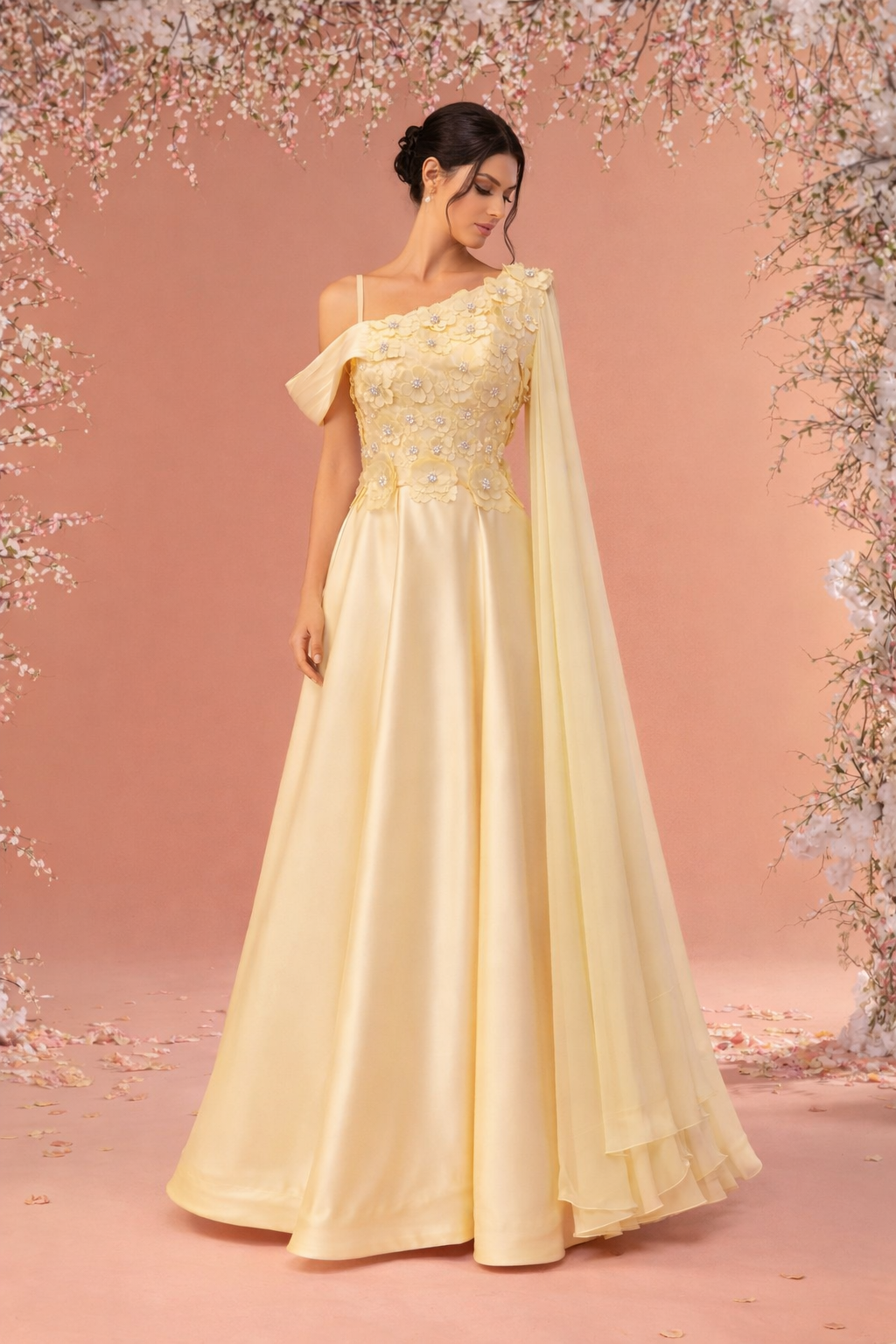 Ethereal Sequin Tulle Gown - Draped Sleeve