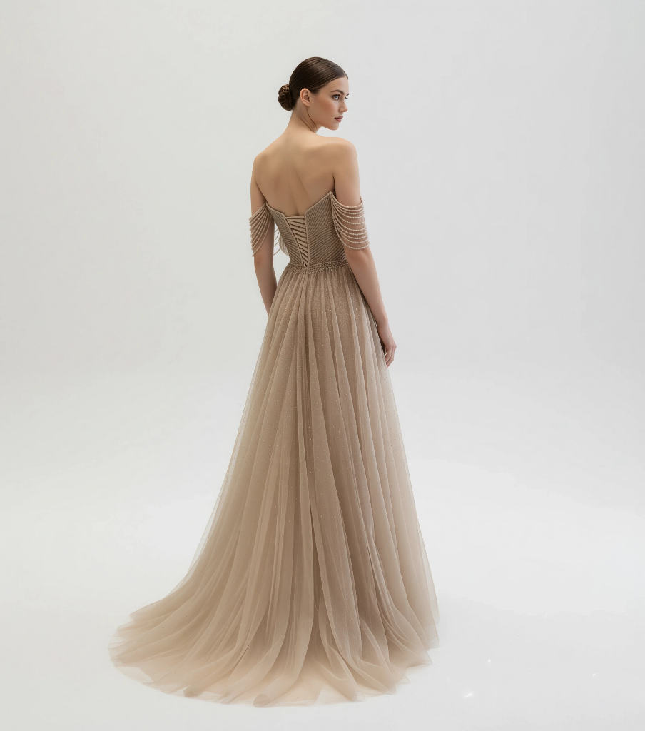 Off-Shoulder Whimsical Elegance Gown With Feathered Embellished