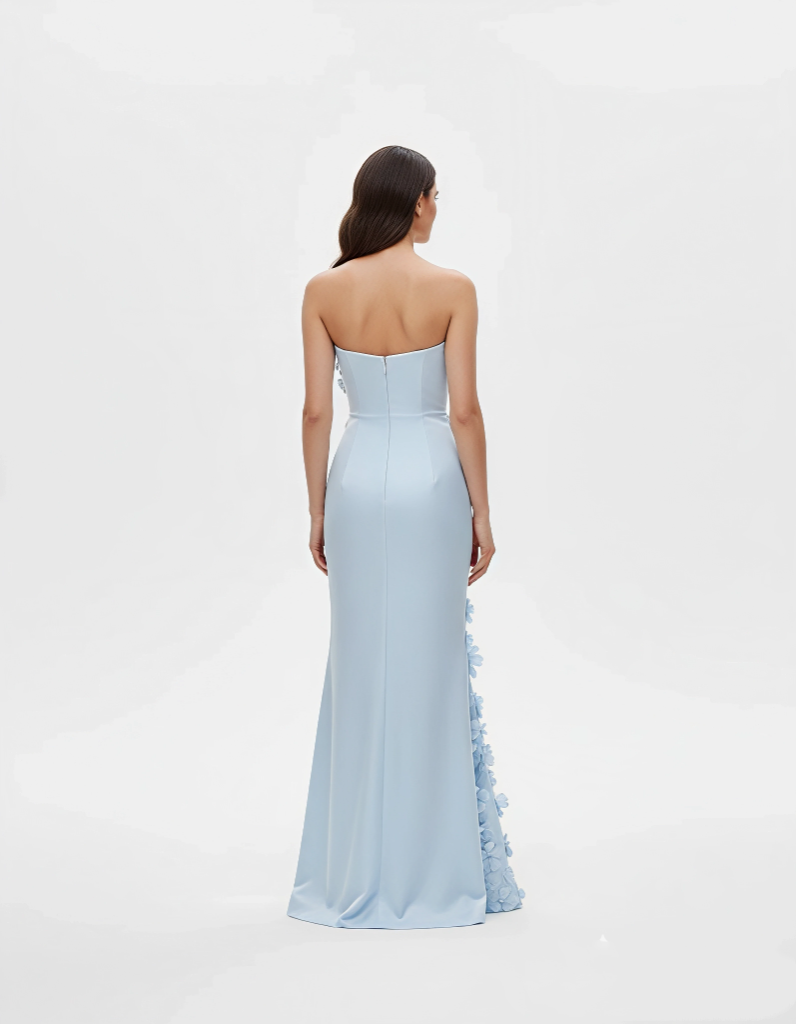 Off-Shoulder Floral Bodycon Gown - Blue Dress