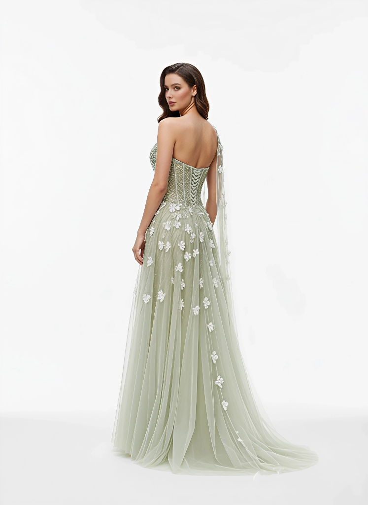 One Shoulder 3D Floral Embellished Gown - Draped Sleeve