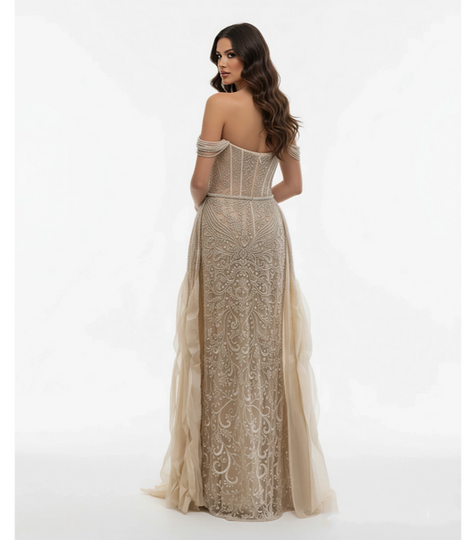 Celestial Cape Gown With Feathered Embellished
