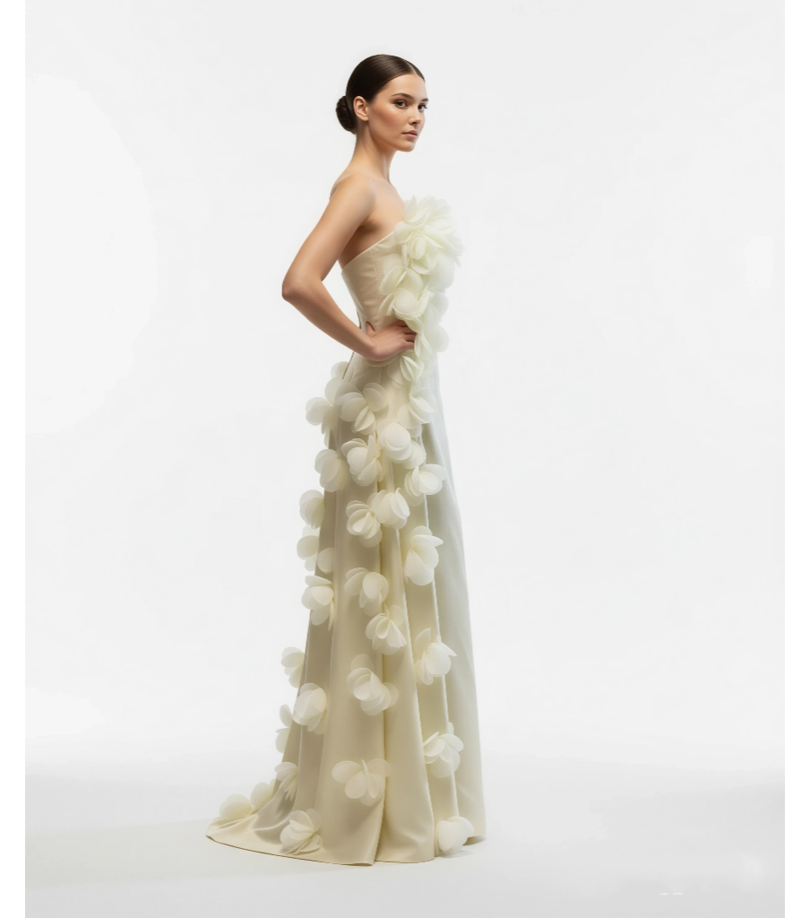 Off Shoulder - 3D Floral Embellished Gown