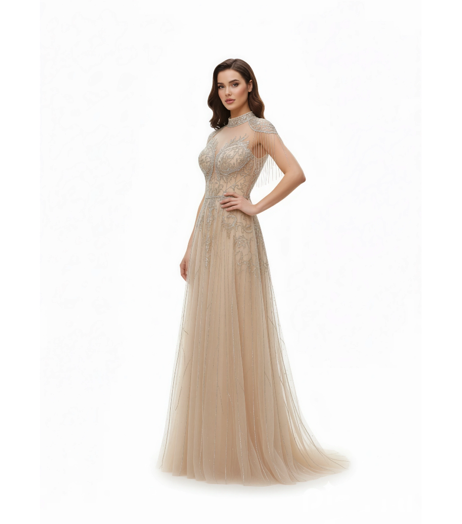 Shoulder Detailing Sequin Embellished Gown