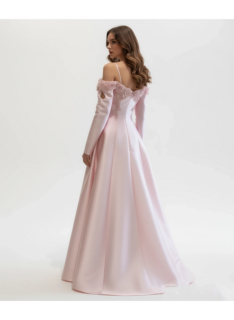 Off-Shoulder Embroidered Gown With Flowing Sleeve