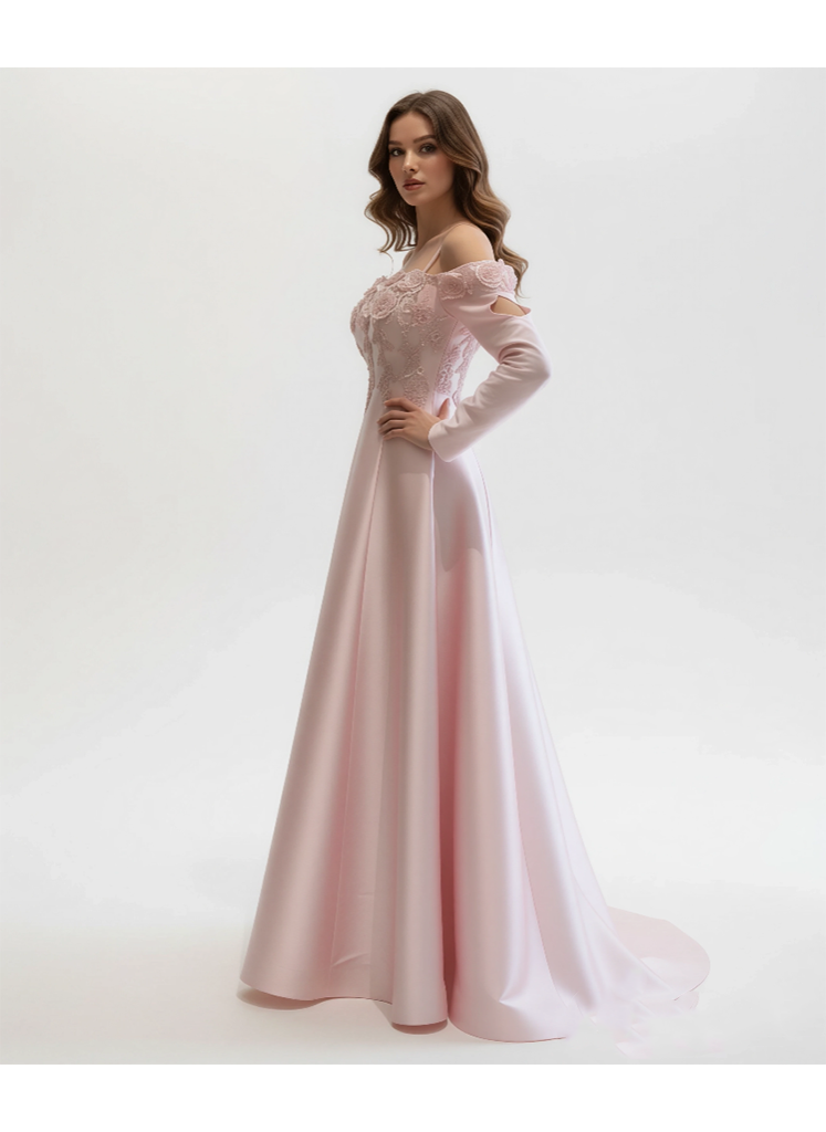 Off-Shoulder Embroidered Gown With Flowing Sleeve