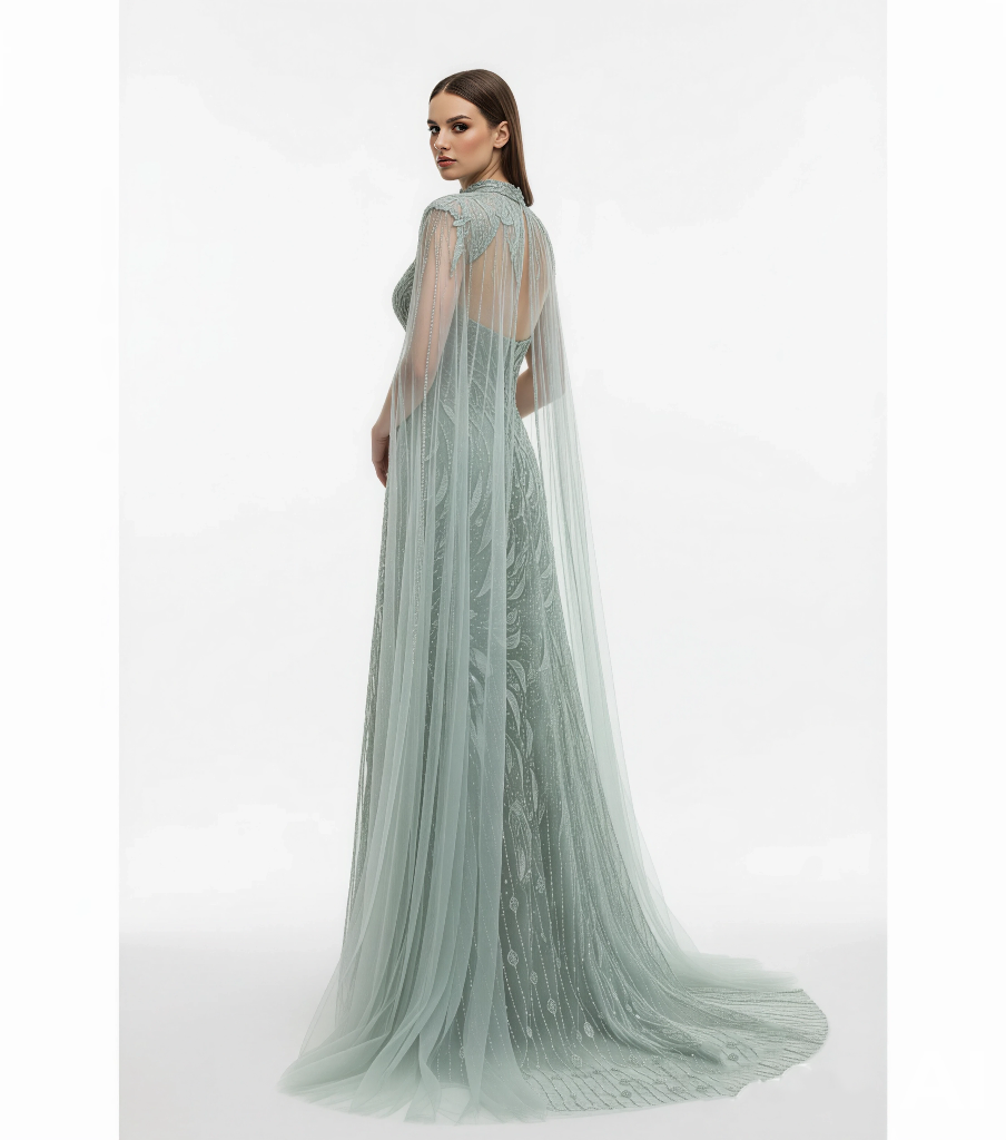 Ethereal Sequin Tulle Gown - Draped Sleeve