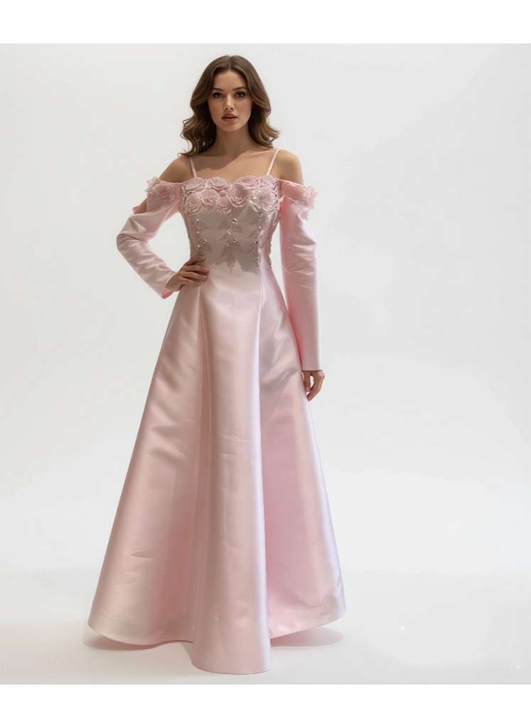 Off-Shoulder Embroidered Gown With Flowing Sleeve