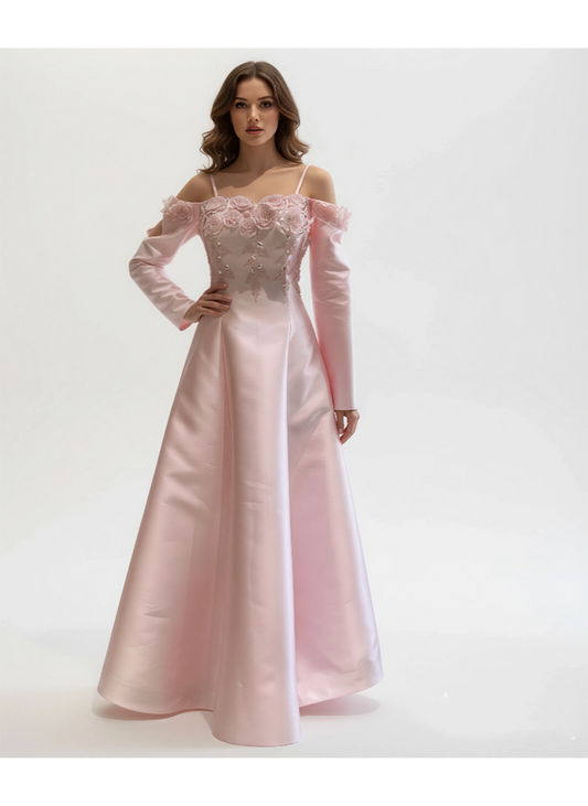 Off-Shoulder Embroidered Gown With Flowing Sleeve