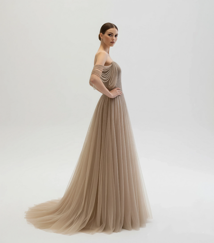 Off-Shoulder Whimsical Elegance Gown With Feathered Embellished