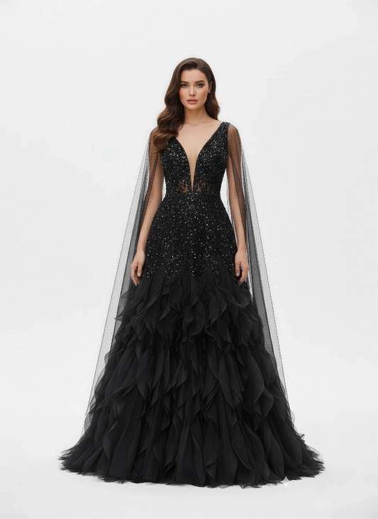 Sculpted Elegance Off Shoulder Gown - Draped Seleeve