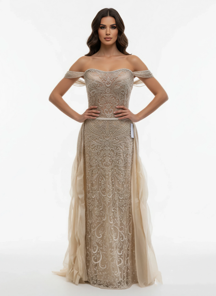 Celestial Cape Gown With Feathered Embellished
