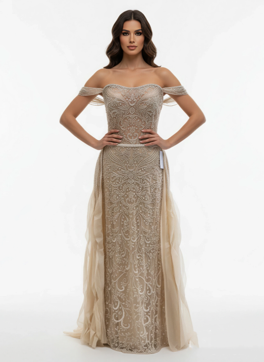 Celestial Cape Gown With Feathered Embellished