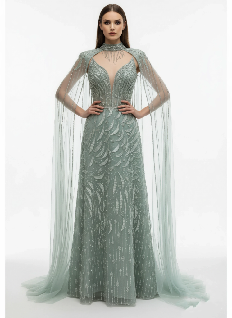 Ethereal Sequin Tulle Gown - Draped Sleeve