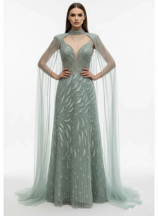 Ethereal Sequin Tulle Gown - Draped Sleeve