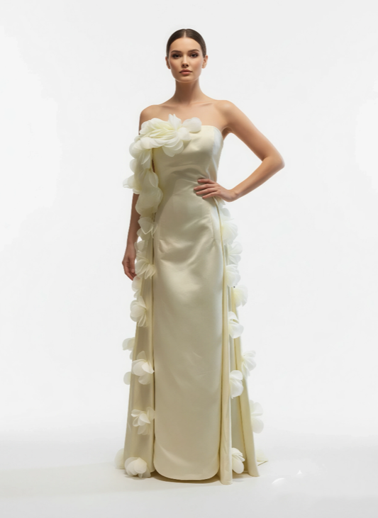 Off Shoulder - 3D Floral Embellished Gown