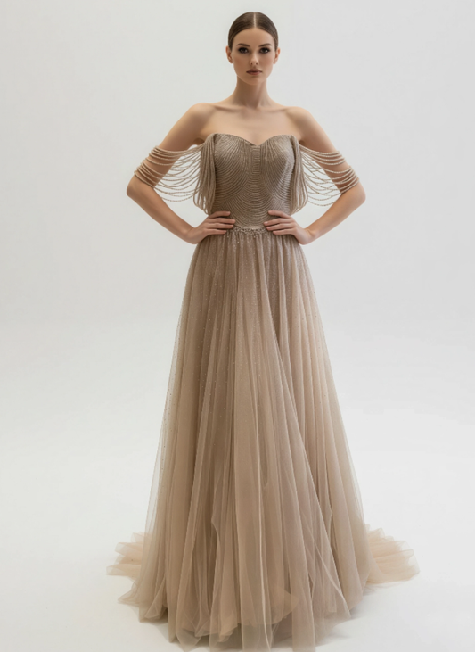 Off-Shoulder Whimsical Elegance Gown With Feathered Embellished