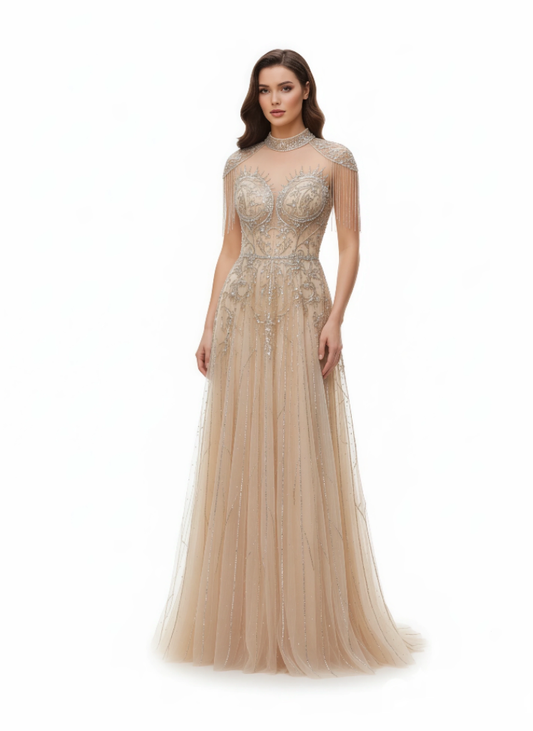 Shoulder Detailing Sequin Embellished Gown