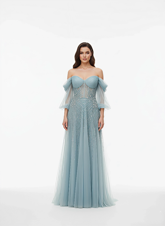 Off-Shoulder Whimsical Elegance Gown - Blue Dress