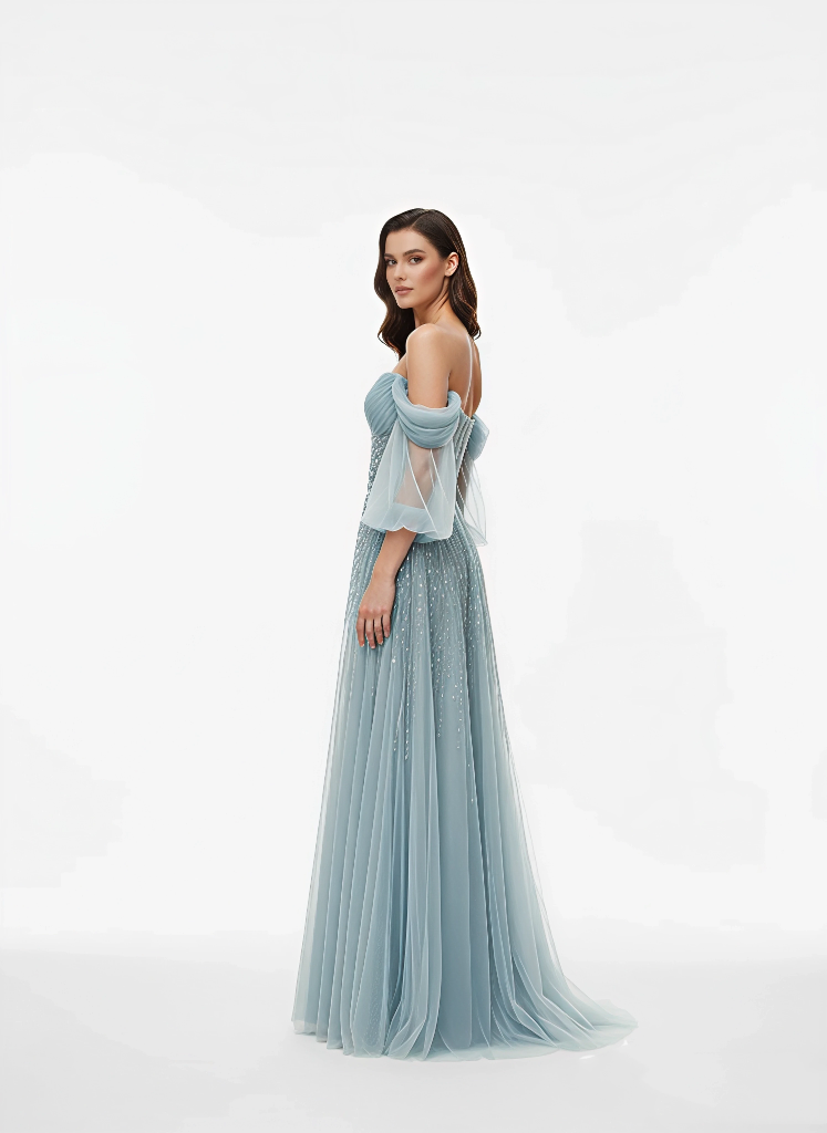 Off-Shoulder Whimsical Elegance Gown - Blue Dress