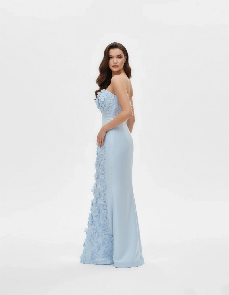 Off-Shoulder Floral Bodycon Gown - Blue Dress