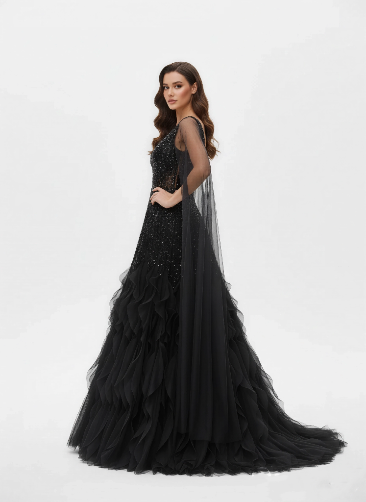 Sculpted Elegance Off Shoulder Gown - Draped Seleeve