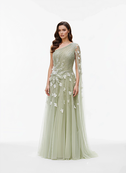 One Shoulder 3D Floral Embellished Gown - Draped Sleeve