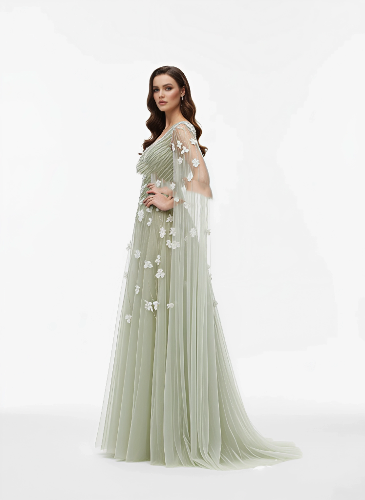 One Shoulder 3D Floral Embellished Gown - Draped Sleeve